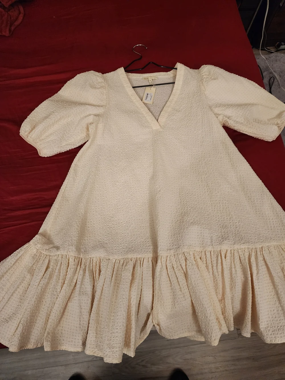 New With Tag Maje Cream V-Neck Puff Sleeve Tiered Dress